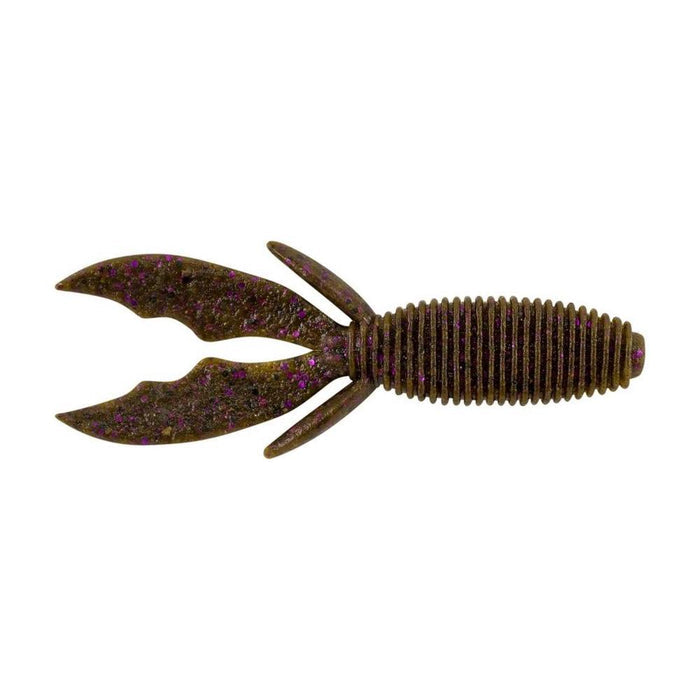 Berkley PowerBait MaxScent Creature Hawg fishing lure in dark purple with flecks, featuring ribbed body and twin tail design for enhanced movement in water.