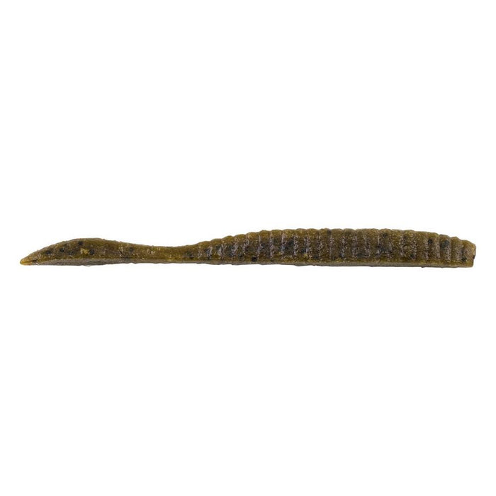 Berkley Powerbait MaxScent Flat Worm in green pumpkin color, soft plastic fishing lure with ribbed body designed for effective fishing tackle use.