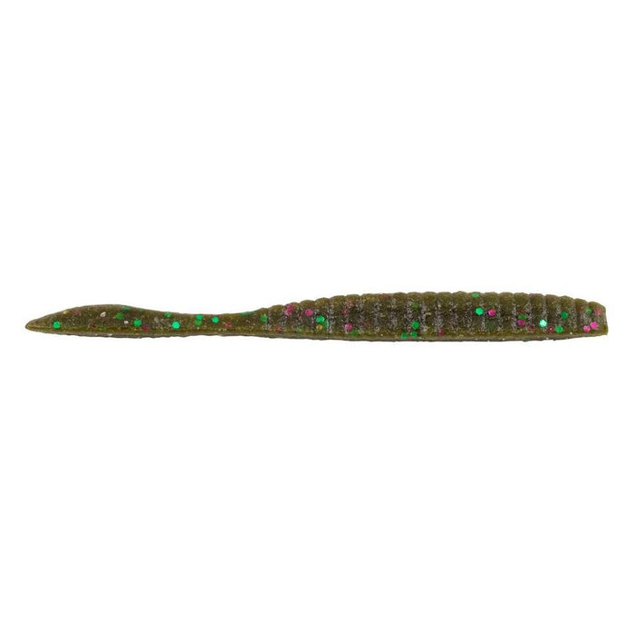 Berkley Powerbait MaxScent Flat Worm fishing lure in green pumpkin color with embedded green and pink glitter, designed for freshwater fishing tackle.