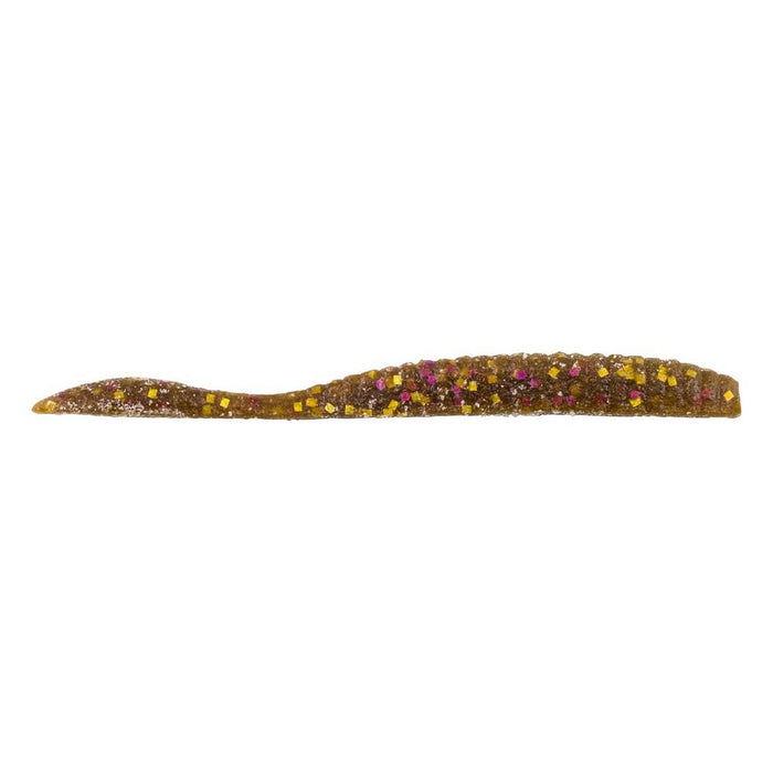 Berkley Powerbait MaxScent Flat Worm fishing lure in brown with yellow and pink flecks, designed for use with fishing rods and reels in fishing tackle.