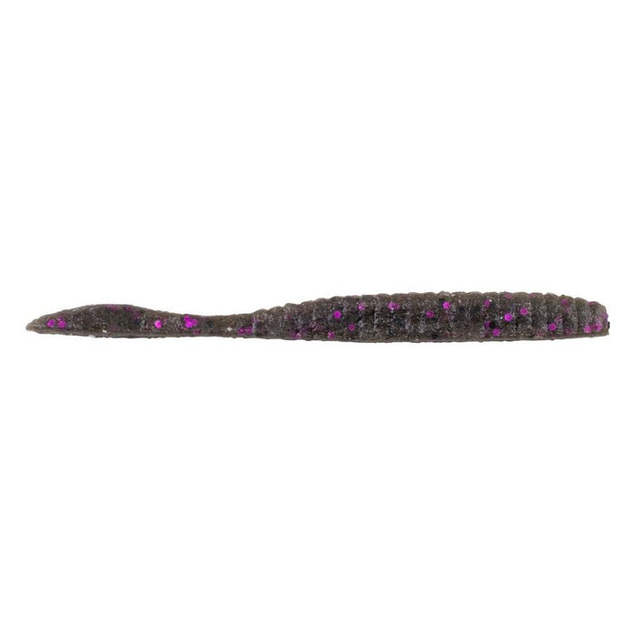 Berkley Powerbait MaxScent Flat Worm fishing lure in dark smoky color with purple glitter, designed for effective fishing tackle use targeting freshwater species.