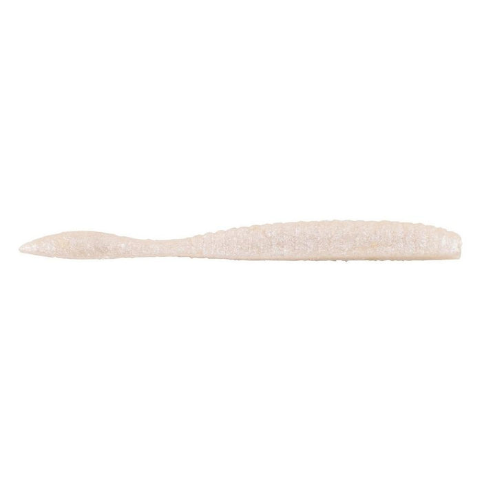 Berkley Powerbait MaxScent Flat Worm fishing lure in a pearl white color, designed with a flat body and tapered tail for realistic movement in water.
