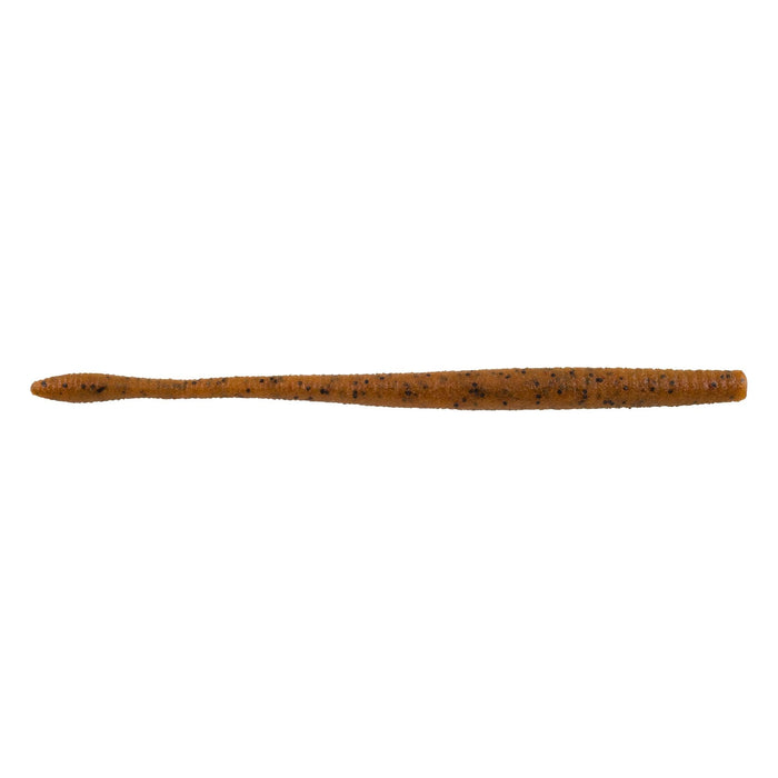 Berkley PowerBait MaxScent Hit Worm Magnum fishing lure in a pumpkinseed color, designed for freshwater fishing with a slender, tapered soft plastic body and speckled pattern.