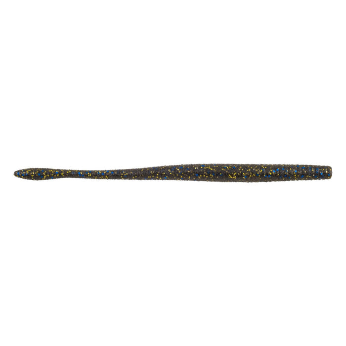 Berkley PowerBait MaxScent Hit Worm Magnum fishing lure in dark smoke color with blue and gold glitter, designed for enhanced attraction in fishing tackle collections.