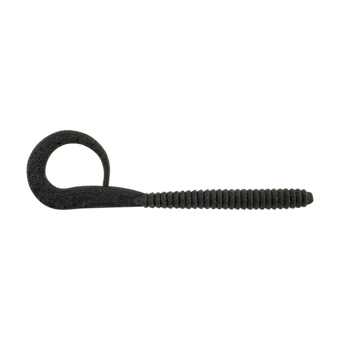 Berkley PowerBait MaxScent Kingtail Worm fishing lure in black with a ribbed body and curled tail, designed for improved scent release and lifelike movement in water.