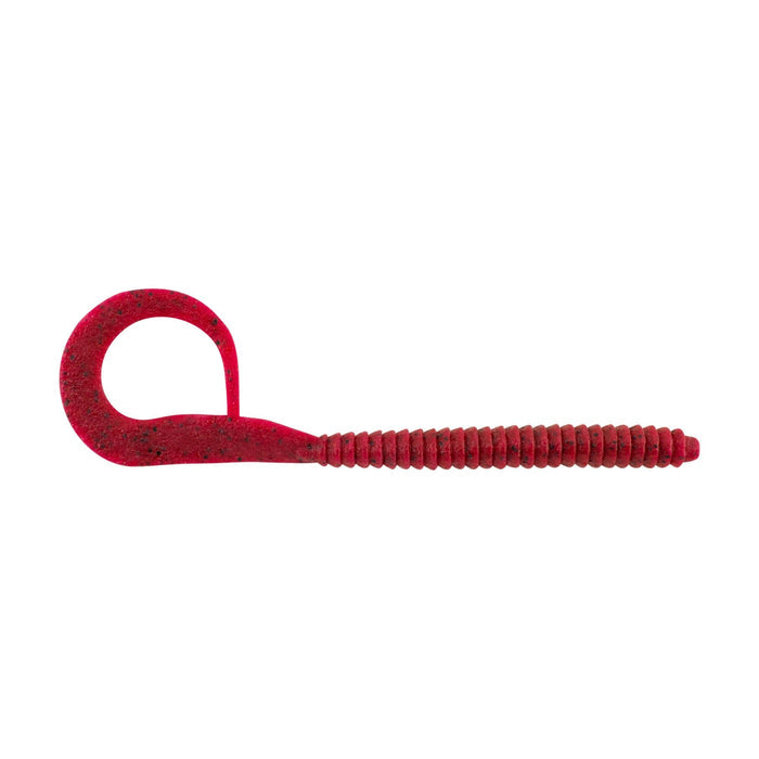 Berkley PowerBait MaxScent Kingtail Worm in red with a curled tail, designed for fishing tackle and lure use to attract fish with scent and lifelike movement.