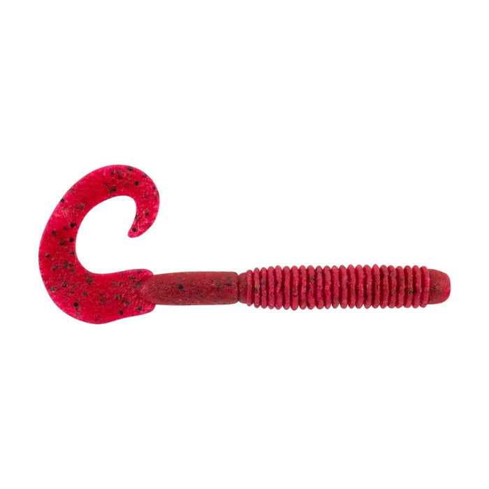 Berkley PowerBait MaxScent Lunch Worm soft plastic fishing lure in red with black flecks featuring a ribbed body and curly tail, designed for effective fishing tackle use.