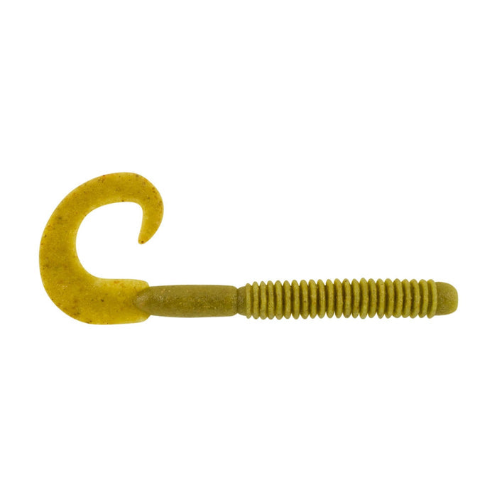 Berkley PowerBait MaxScent Lunch Worm in green motor oil color with ribbed body and curled tail designed for fishing tackle use in freshwater targeting musky and other species.