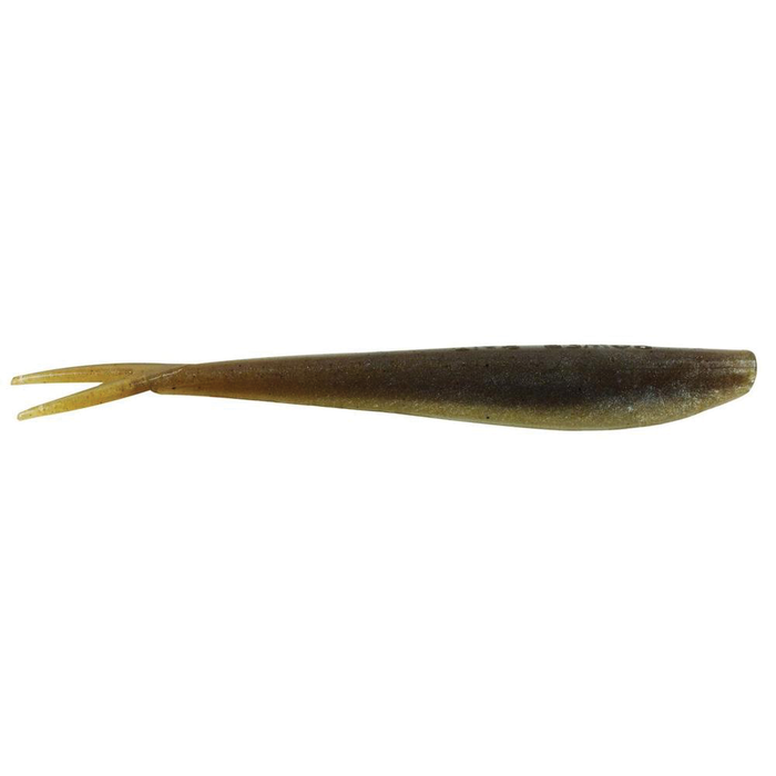 Berkley Powerbait Minnow soft plastic fishing lure in brown and green hues with a forked tail designed to mimic small baitfish for effective fishing tackle use.