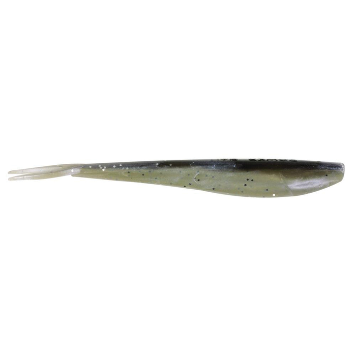 Berkley Powerbait Minnow soft plastic fishing lure in green and black with speckled pattern, designed for fishing tackle to attract predatory fish.