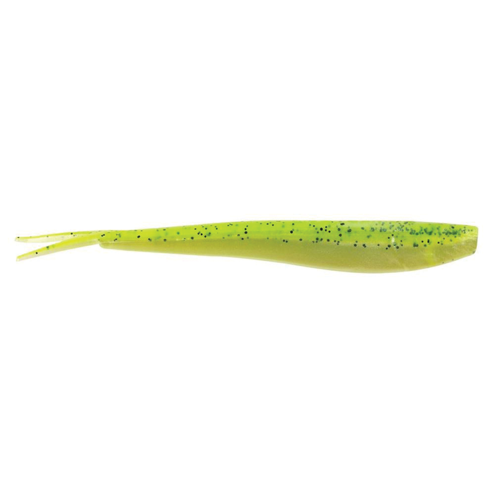 Berkley Powerbait Minnow fishing lure in translucent chartreuse with black speckles, designed to mimic a small baitfish for effective fishing tackle use.
