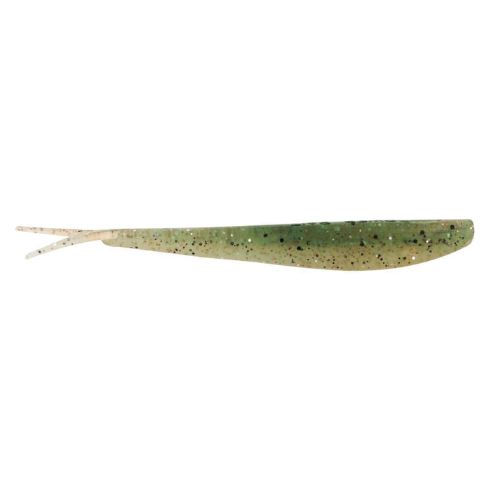 Berkley Powerbait Minnow fishing lure in green and brown tones with speckled black and gold flecks, designed to mimic a small baitfish for effective fishing tackle use.