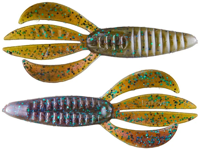 Two Berkley PowerBait Pit Boss soft fishing lures in gold and brown with blue and green speckles, designed for attracting musky fish.