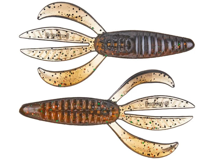 Two soft plastic fishing lures in brown and translucent green with black specks, designed for freshwater fishing, identified as Berkley PowerBait Pit Boss.