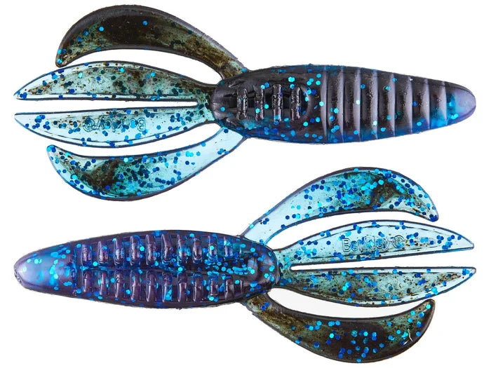 Berkley PowerBait Pit Boss fishing lure in blue and black with glitter, designed for attracting musky and other freshwater fish, featuring segmented claws and textured body.