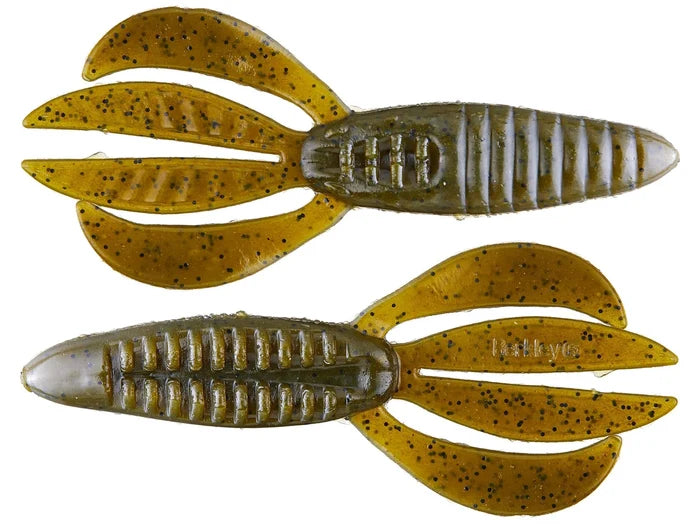 Two soft plastic brown and olive green fishing lures with segmented, ribbed bodies and multiple flexible appendages, designed as Berkley PowerBait Pit Boss fishing tackle.