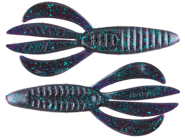 Two Berkley PowerBait Pit Boss fishing lures in dark color with blue-green glitter, designed with segmented bodies and multiple flexible appendages for lifelike movement in water.