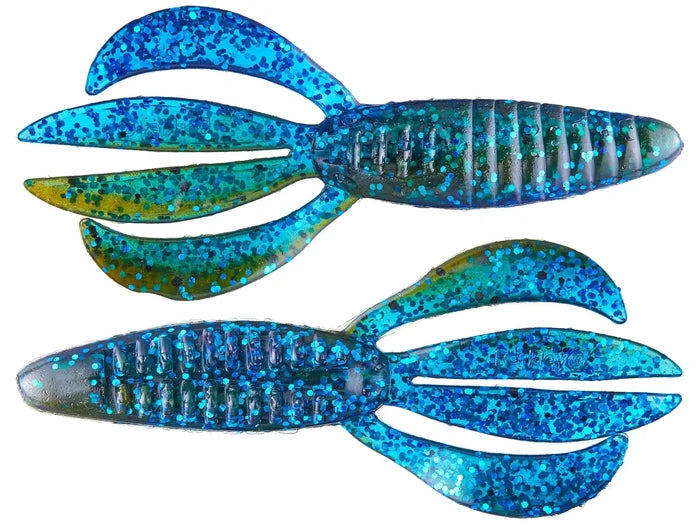 Two Berkley PowerBait Pit Boss soft plastic fishing lures in blue and green with glitter, designed for effective fishing tackle and bait presentation.