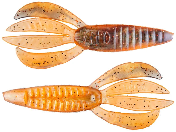 Berkley PowerBait Pit Boss soft plastic fishing lure in translucent orange with black speckles, designed to mimic a crawfish for effective fishing tackle use.