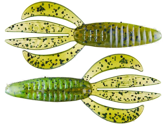 Two green and yellow soft plastic fishing lures with black speckles, designed to imitate a crawfish, labeled as Berkley PowerBait Pit Boss, ideal for fishing tackle.