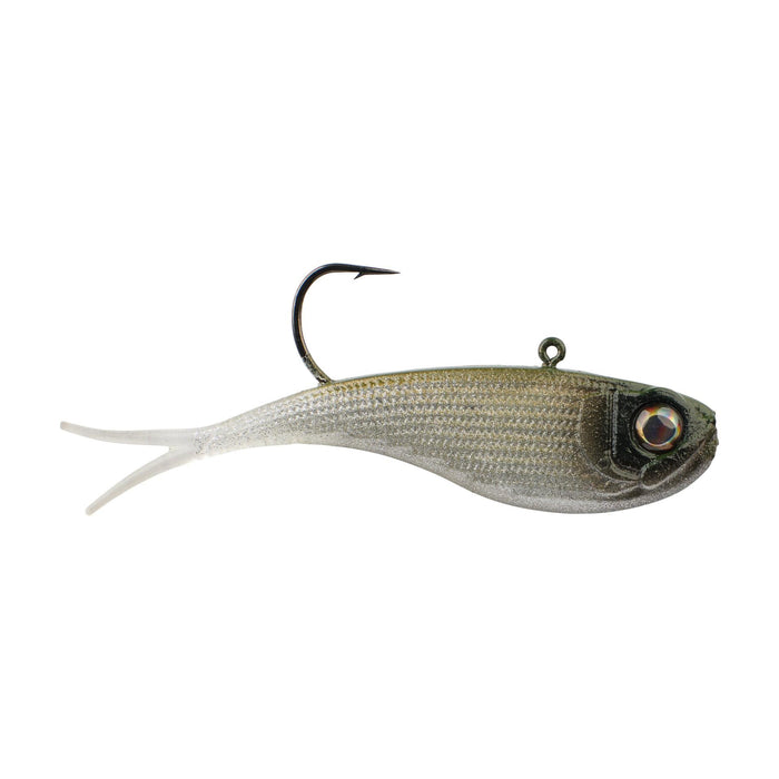 Berkley PowerBait Power Vibe soft fishing lure shaped like a small fish with a realistic eye, textured body, and a single sharp hook for fishing tackle use.