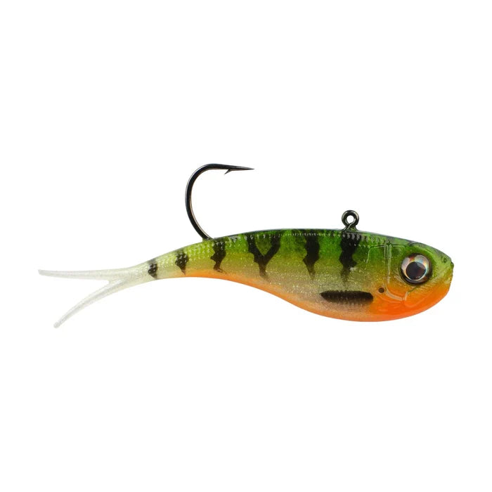Berkley PowerBait Power Vibe fishing lure with green and orange coloration, realistic eye, and integrated hook designed for attracting predatory fish.