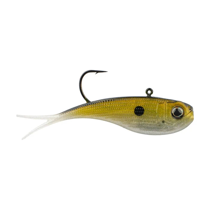 Berkley PowerBait Power Vibe fishing lure in green and silver with lifelike eyes, textured body, and a single hook, designed for effective fishing tackle use.
