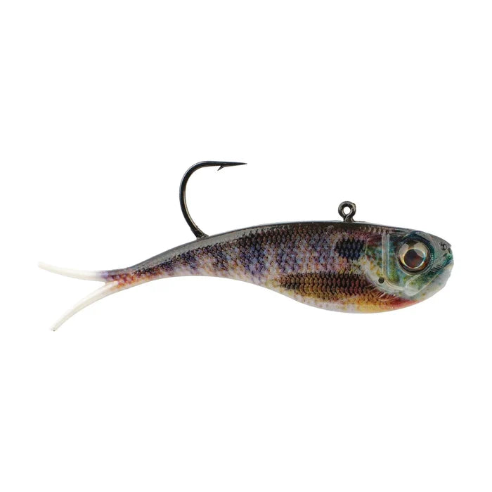 Berkley PowerBait Power Vibe fishing lure with lifelike fish pattern, single hook, and soft tail designed for effective fishing tackle use.