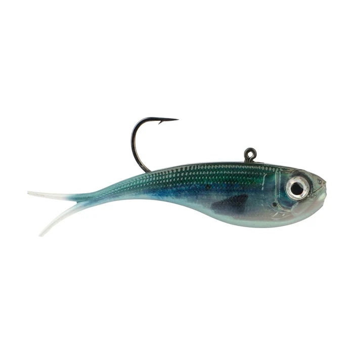 Berkley PowerBait Power Vibe fishing lure in blue and silver with a detailed fish shape and a single sharp hook, designed for effective fishing tackle use.