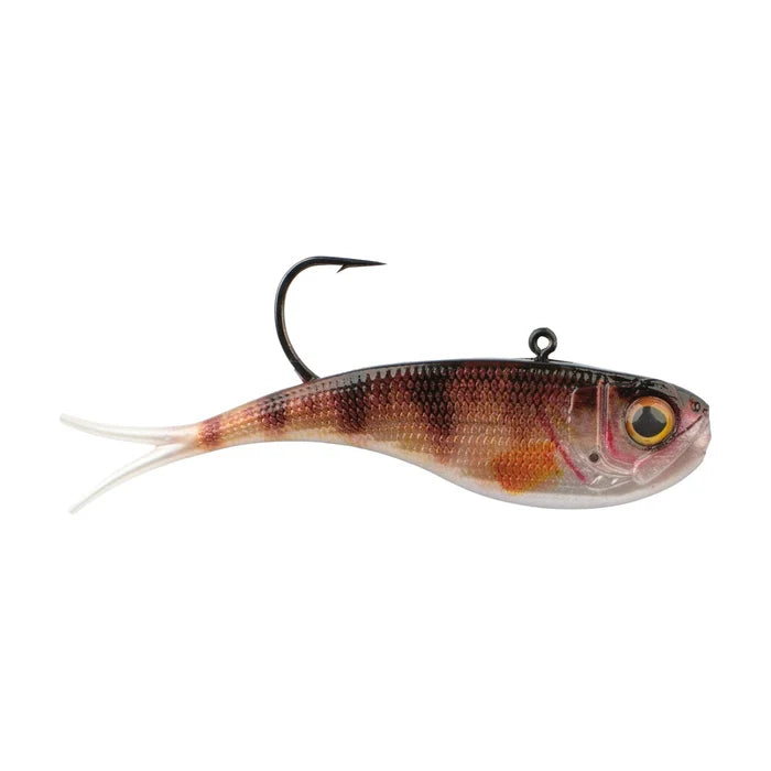Berkley PowerBait Power Vibe fishing lure with detailed lifelike fish design in brown and orange tones, featuring a sharp hook and soft tail for effective fishing tackle use.