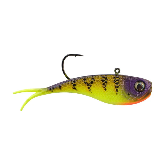 Berkley PowerBait Power Vibe fishing lure in yellow and purple with black scale patterns, lifelike eye, and single sharp hook for effective fishing tackle use.