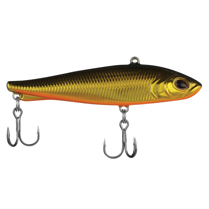 Berkley Ripfish fishing lure with a metallic gold and dark green body, red eye detail, and two sharp treble hooks for effective fishing tackle use.