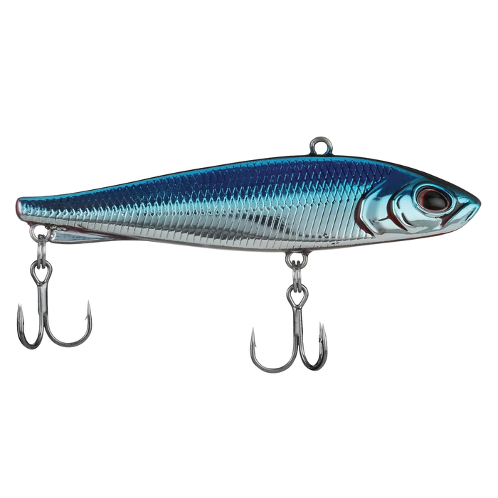 Berkley Ripfish fishing lure in metallic blue and silver with detailed scale texture and two treble hooks designed for attracting musky and other predatory fish.