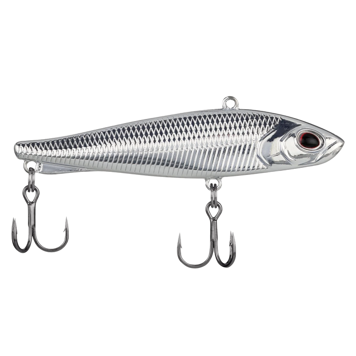 Berkley Ripfish fishing lure with a shiny silver finish and realistic fish scale texture, featuring two treble hooks for effective freshwater and saltwater fishing.