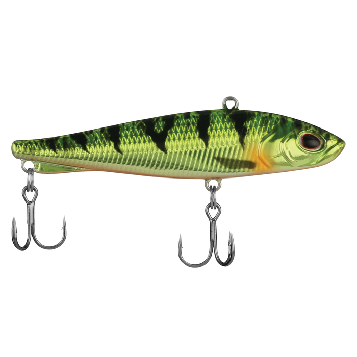 Berkley Ripfish fishing lure designed with a green and yellow fish pattern, featuring two sharp treble hooks for effective freshwater fishing tackle use.