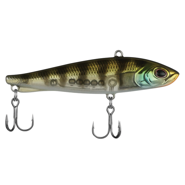 Berkley Ripfish fishing lure designed to mimic a small fish, featuring a realistic green and brown body with two sharp treble hooks for effective fishing tackle.