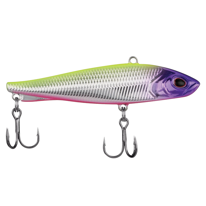 Berkley Ripfish fishing lure with silver textured body, green back, purple head, and two treble hooks designed for effective fishing tackle use.
