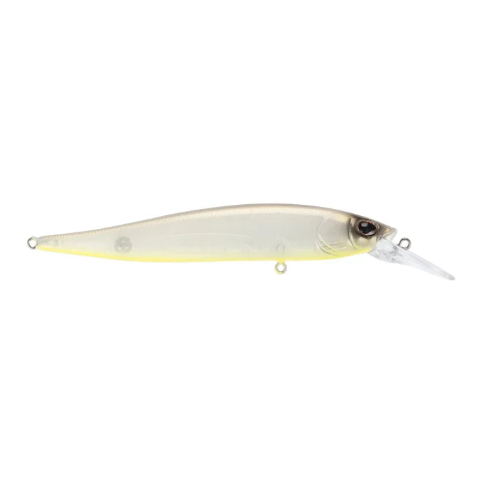 Berkley Stunna 100+1 fishing lure in translucent white and yellow with realistic fish eye detail and a clear diving lip, designed for freshwater fishing tackle.