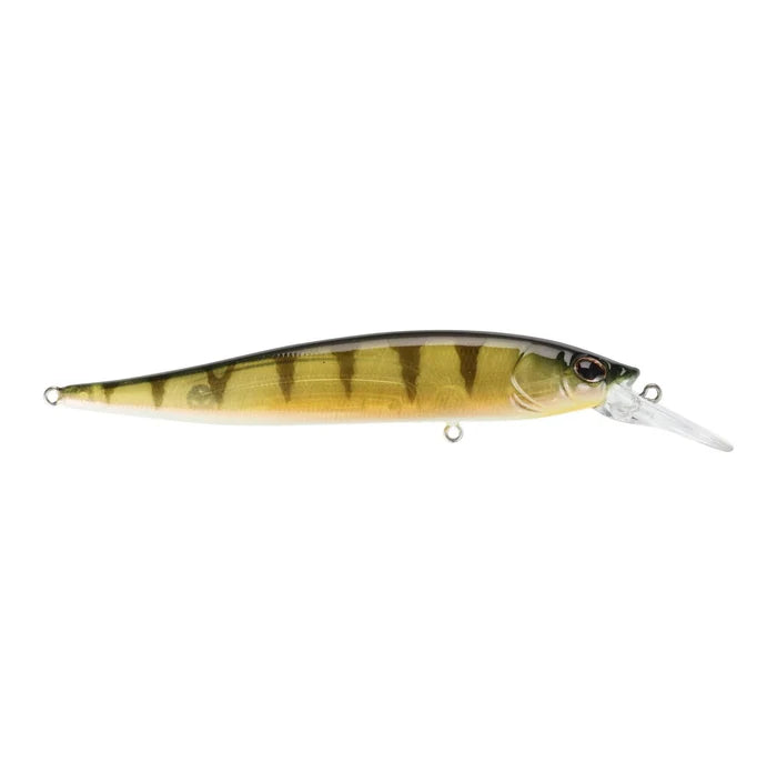 Berkley Stunna 100+1 fishing lure in perch pattern, designed with a green and yellow body and realistic fish markings, featuring a clear diving lip for effective fishing tackle use.