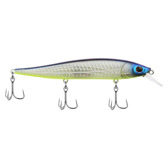 Berkley Stunna 112 Jerkbait fishing lure with a silver, blue, and chartreuse finish, featuring three treble hooks and a lip for diving action, ideal for fishing tackle enthusiasts.