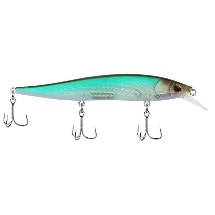 Berkley Stunna 112 Jerkbait fishing lure with a sleek, elongated body in blue and silver tones, featuring three sharp treble hooks and a clear diving lip.