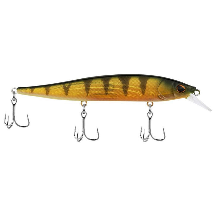 Berkley Stunna 112 Jerkbait fishing lure designed with a perch color pattern, featuring three sharp treble hooks and a clear diving lip for effective musky and freshwater fishing.