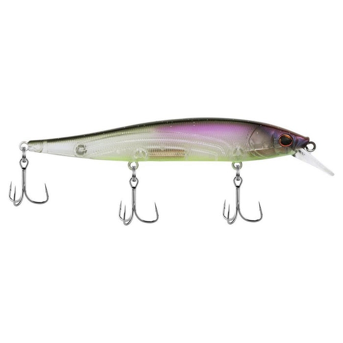 Berkley Stunna 112 Jerkbait fishing lure with a sleek, translucent body featuring subtle green and purple hues, equipped with three sharp treble hooks for effective fishing tackle use.