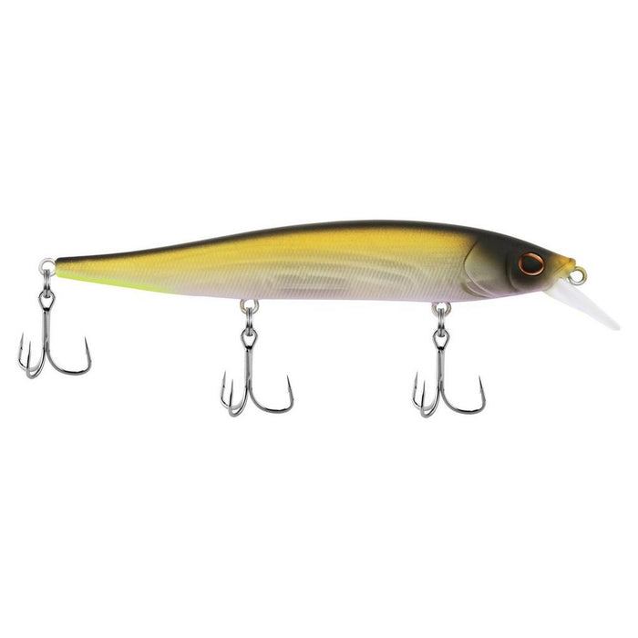 Berkley Stunna 112 Jerkbait fishing lure with a yellow and brown gradient body, realistic eyes, and three sharp treble hooks designed for effective fishing tackle use.