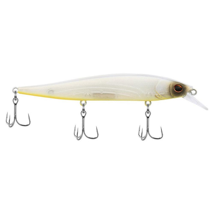 Berkley Stunna 112 Jerkbait in translucent white with yellow underbelly, featuring three treble hooks and a clear diving lip, designed for freshwater fishing tackle.
