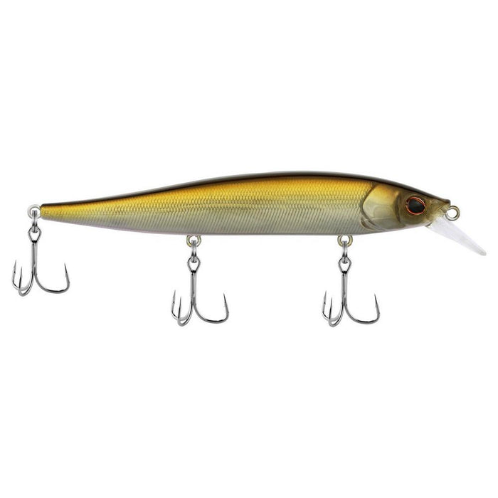 Berkley Stunna 112 Jerkbait fishing lure with a bronze and gold gradient body, featuring three sharp treble hooks and a clear diving lip for freshwater fishing.