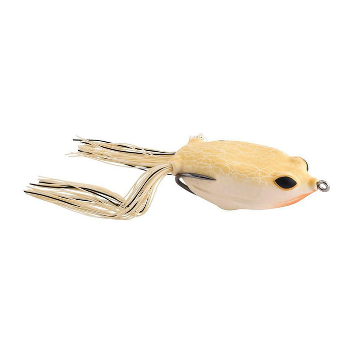 Berkley Swamp Lord Hollow Body Frog fishing lure in beige with black eyes and natural-colored rubber legs, designed for freshwater fishing tackle.