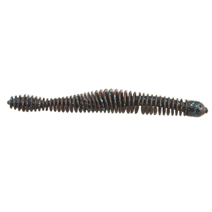 Big Bite Baits Russ Lane Coontail Worm fishing lure in dark color with blue flecks, designed for freshwater fishing tackle to attract musky and other game fish.