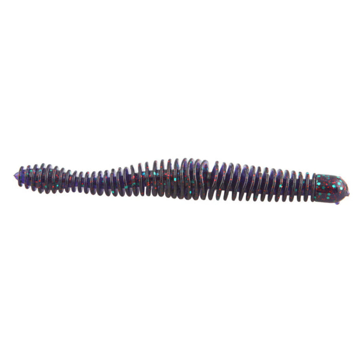 Big Bite Baits Russ Lane Coontail Worm fishing lure in dark color with red and blue flecks, designed for realistic movement to attract fish in tackle and fishing gear.