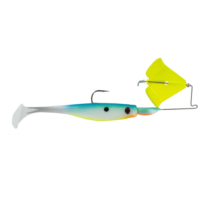 Big Bite Baits Suicide Buzz fishing lure with a soft blue and white body, realistic eyes, and a bright yellow buzz blade designed for attracting musky and other game fish.